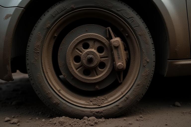 Rueda de coche sucia y cubierta de polvo de frenos.
