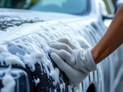 Proceso de lavado exterior a mano con espuma.
